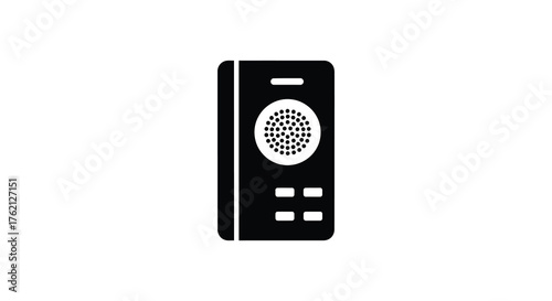 Black silhouette of a vintage intercom or speaker device with buttons and a circular grille on a white background