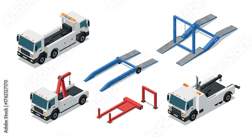 Isometric tow trucks and vehicle ramps set for auto services and repairs