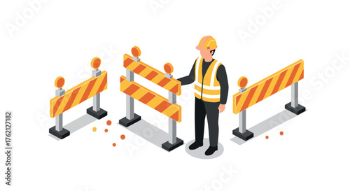 Isometric construction worker arranging traffic safety barricades