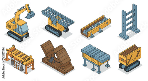 Construction equipment isometric icons excavator, crane, conveyor belt, gantry system, industrial tools