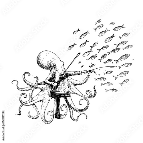 An octopus conducts a school of fish with a baton while standing at a conductor's stand illustration