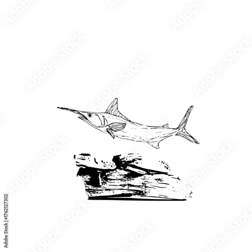 Illustration of a marlin fish swimming above a dark rock formation on a white background in black and white