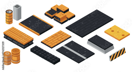 Isometric construction elements with asphalt and concrete blocks for game design