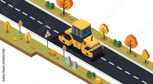 Isometric road construction scene with steamroller on autumn day