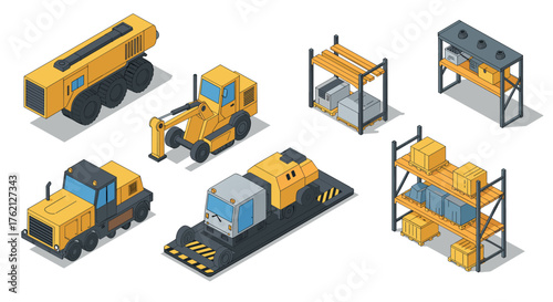 Isometric construction machines and warehouse storage solutions illustration