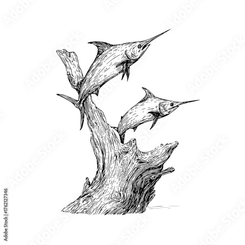 Two marlin fish perched atop a weathered driftwood sculpture in a detailed monochrome illustration style
