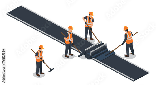 Road construction crew working with asphalt paver in isometric style