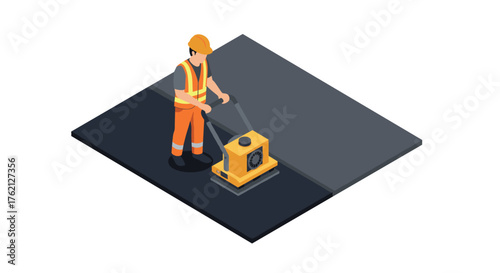 Isometric construction worker using road roller compactor on asphalt surface