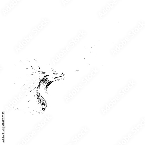 Stylized sketch of a dragon with an elongated neck and spiky mane in black and white art style