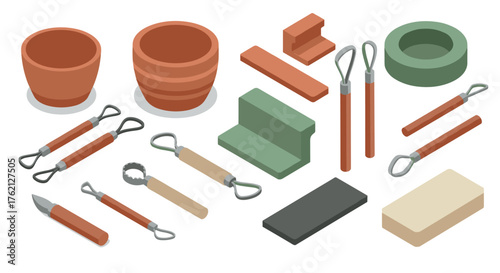 Isometric pottery tools and clay equipment set for ceramic crafting