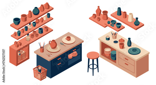 Isometric ceramic workshop with pottery tools and shelves in muted tones