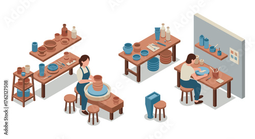 Creative pottery studio workshop artisan crafting in isometric design