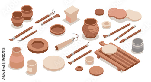 Isometric ceramic tools and pottery shapes collection for craft projects