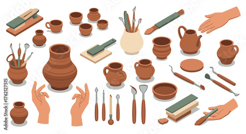 Isometric pottery tools and clay vessels on white background