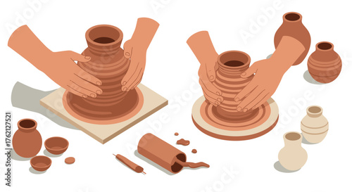 Crafting clay art hands shaping pottery with earthy tones in flat design