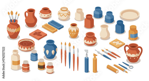 Isometric pottery and art supplies collection vases, brushes, and tools on display