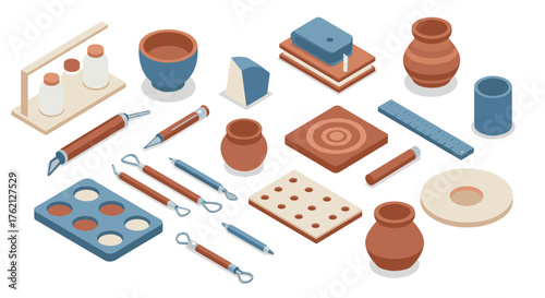 Pottery workshop tools and materials in isometric design for creative crafts