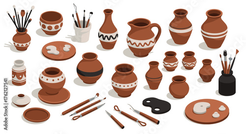 Traditional ceramic pottery with brushes and tools in isometric art style