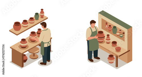 Pottery crafting process with artisans in an isometric modern studio setting