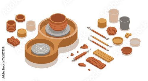 Isometric pottery tools and clay objects on a ceramic workbench