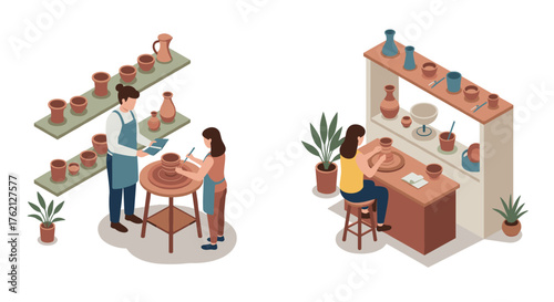 Isometric pottery crafting artisans at work in a modern studio