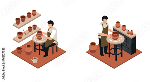 Isometric pottery workshop scene with craftsman at pottery wheel