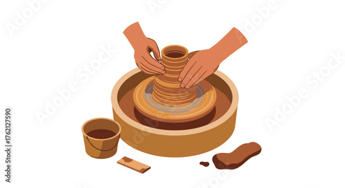 Creative pottery craft hands shaping clay on a pottery wheel