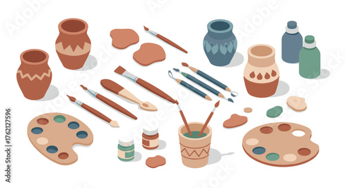 Artistic tools and ceramic vases in isometric style on white background