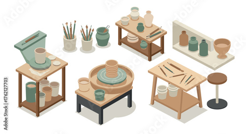 Isometric pottery studio setup with tools and clay creations in soft tones