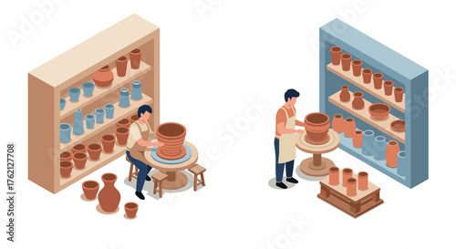 Isometric pottery crafting scenes with artisans and clay vases in workshop setting