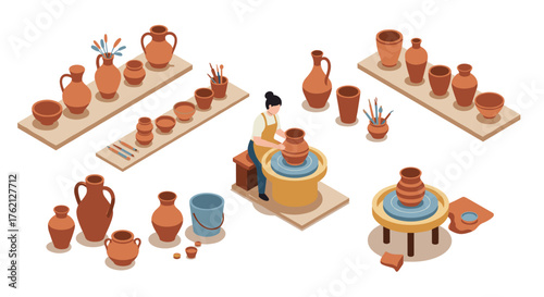Isometric pottery workshop scene with artisan crafting clay vases and tools