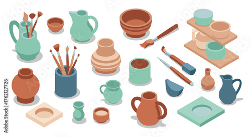Isometric pottery and art supplies in pastel shades for creative designs