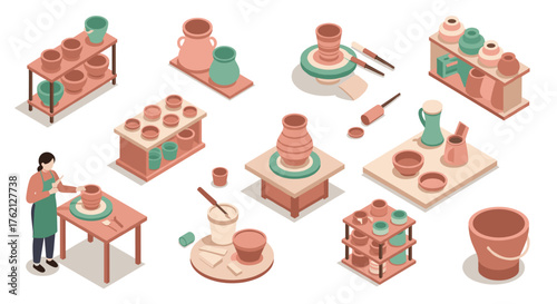 Isometric pottery studio with artist and tools in earth tones