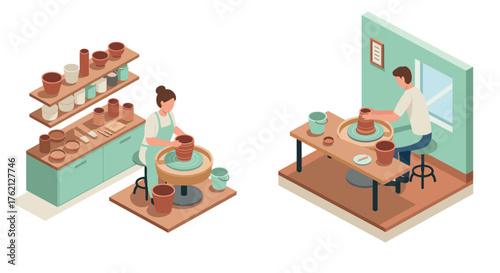 Isometric pottery workshop scene with artisans crafting clay pots