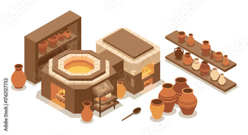 Isometric pottery workshop with kiln and clay pots displayed on shelves