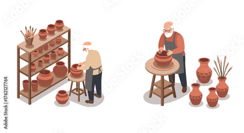 Isometric pottery workshop scene featuring artisan crafting clay pots
