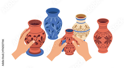 Hands arranging decorative colorful clay vases with floral patterns