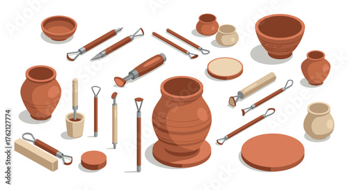 Isometric pottery tools and clay vases on white background for craft enthusiasts