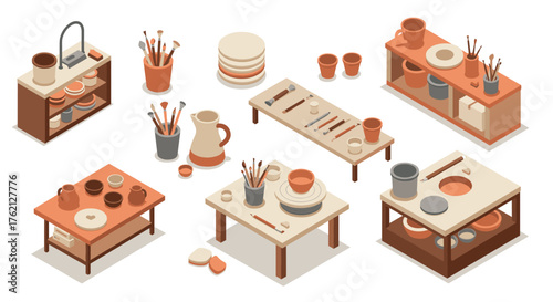 Isometric pottery studio with tools and shelves in earth tones