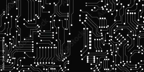 White line and dot technology circuit board on black background.