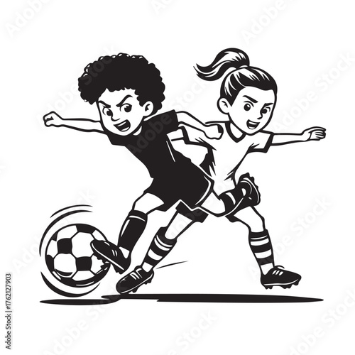 Energetic young boy and girl competing for a soccer ball in a dynamic action illustration