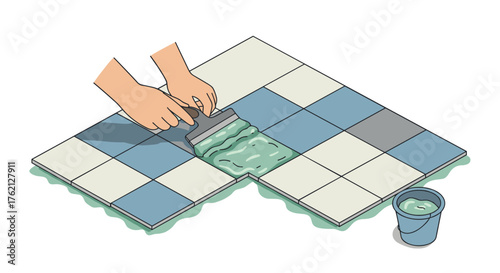 Hands applying grout to blue and white tiled surface with spatula