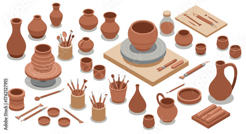 Isometric pottery studio tools and supplies on white background