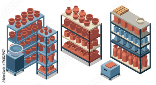 Isometric pottery workshop shelves with clay pots and tools