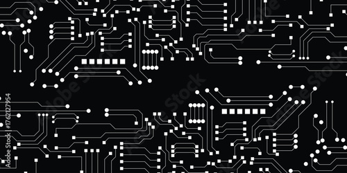 White line and dot technology circuit board on black background.