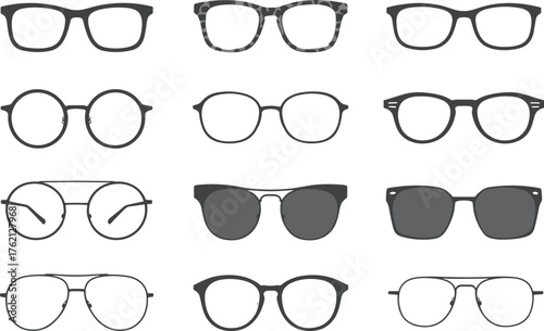 Set of various eyeglasses and sunglasses in outline and solid styles, ideal for fashion, vision, and optical themes.