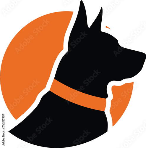 Bold black silhouette of a dog's head in profile against a vibrant orange circle modern animal emblem for branding and design vector