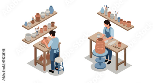Isometric pottery workshop with artisan crafting ceramics and tools displayed on shelves