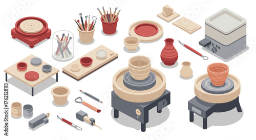 Isometric pottery workshop tools and equipment set