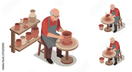 Isometric potter crafting clay vase in workshop with pottery tools and ceramics display